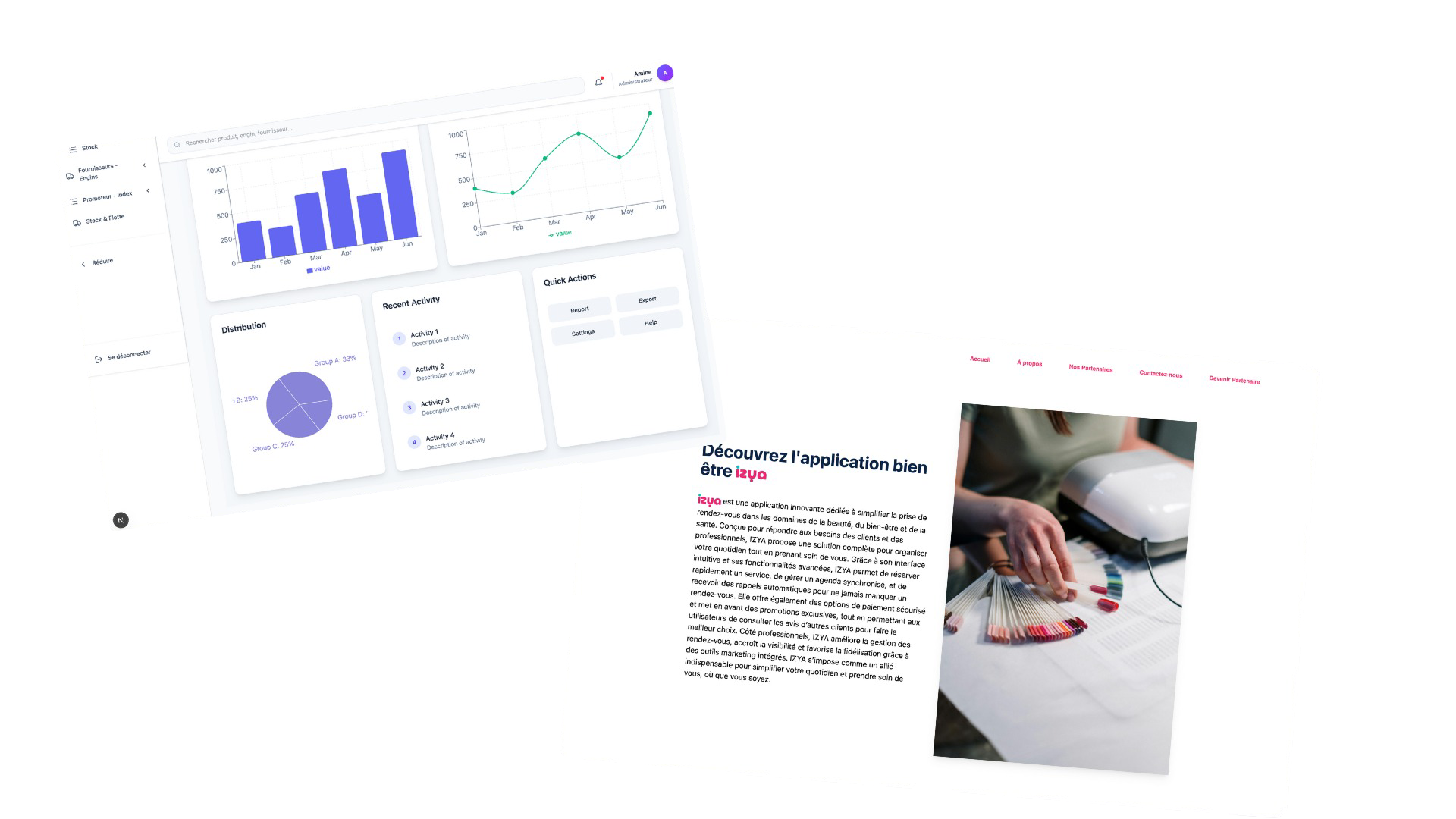 View of two website interfaces with modern and dark design. The first screen shows the title 'Behind the Code' with a rocket and dark background, explaining the origin of a community software project. The second screen presents a platform for finding speakers, with an attractive design, expert photos, and a prominent search button.
